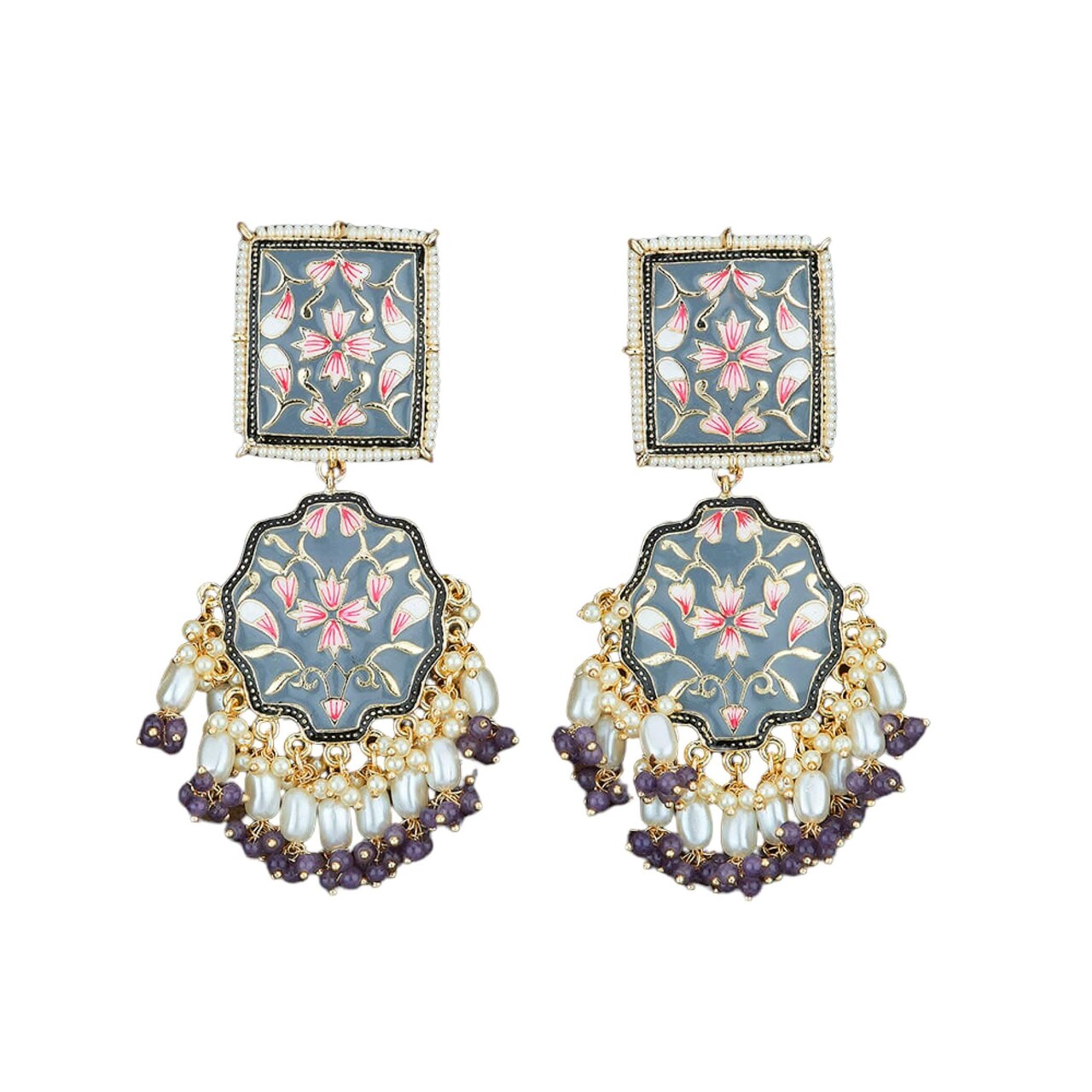 Oversized Indian Jhumka Earrings – Square Stud Jhumki, Ethnic Chandbali with Floral Print & Faux Pearls – Bollywood Dangle Jewelry for Women, Bride & Birthday Gift
